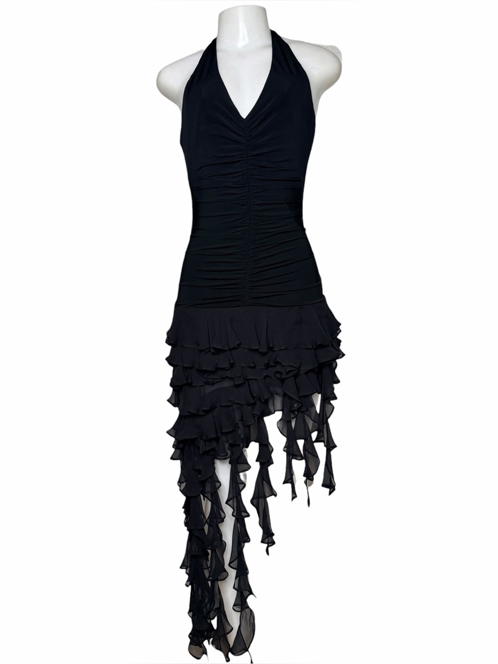 Y2K BCBGMaxAzria Archive Black Halter Ruffle Handkerchief Hem Dress S